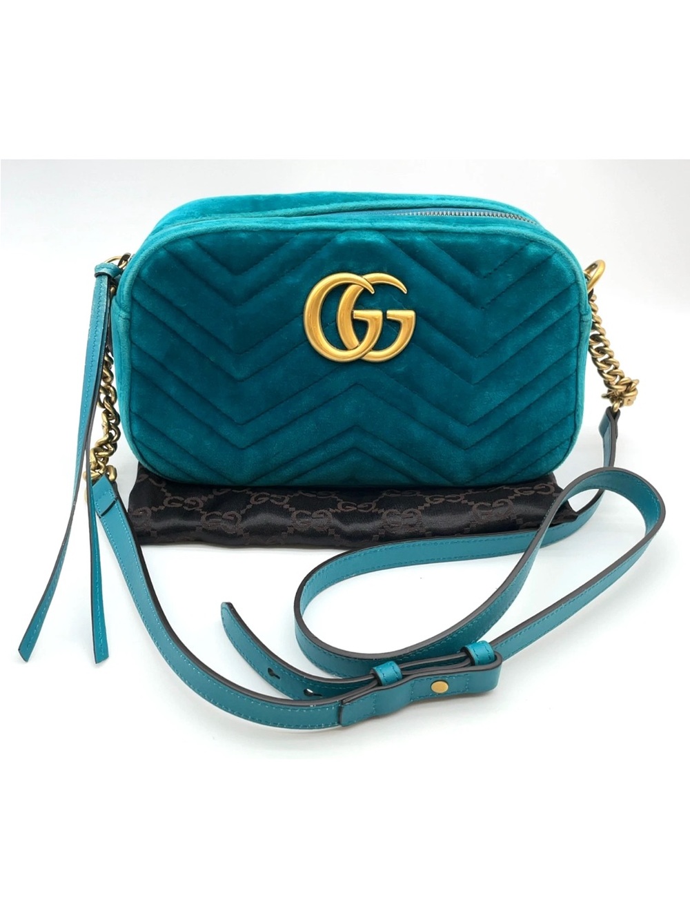 Gucci Teal Quilted Velvet GG Marmont Crossbody Bag